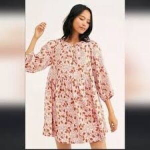 Free People Pink and Orange Leaf Print Mini Dress